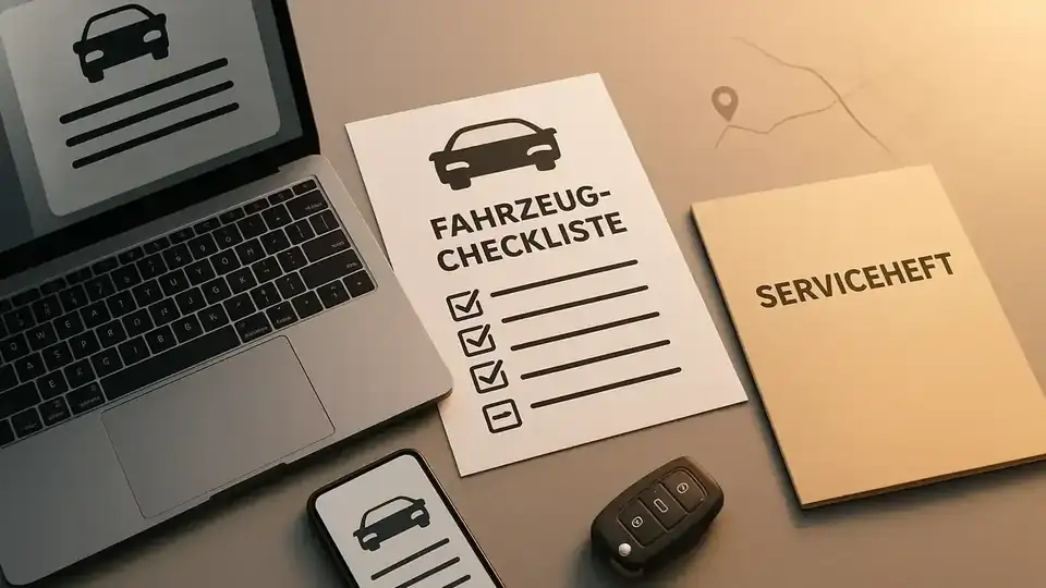 Illustration: Wie schnell gute Autos verschwinden: Tempo, Gründe & wie du schneller reagierst – Fahrzeug-Checkliste, Serviceheft, TÜV-Details