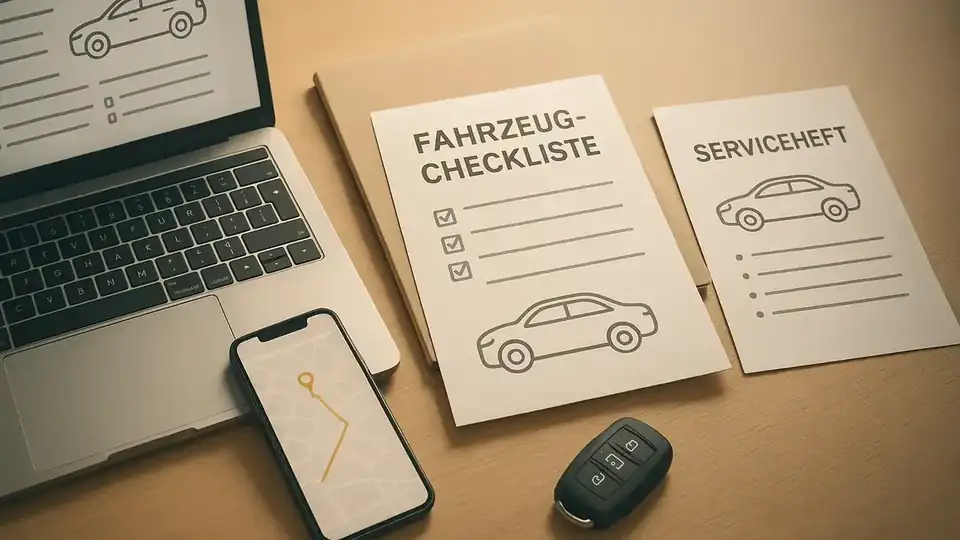 Illustration: So schreibst du Verkäufer: kurze Vorlagen, die Antworten bringen – Fahrzeug-Checkliste, Serviceheft, TÜV-Details