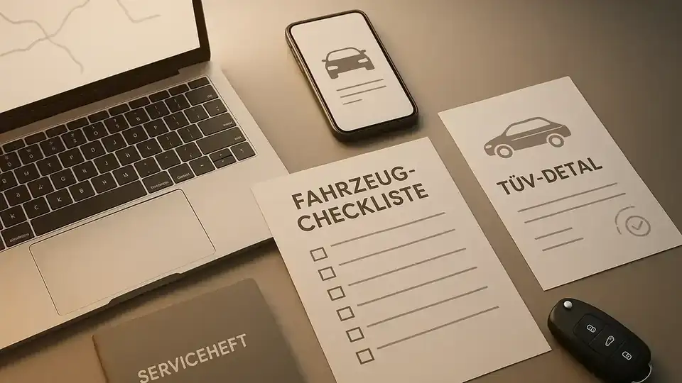 Illustration: Privatverkauf vs. Händler: Vor- und Nachteile beim Autokauf in Deutschland – Fahrzeug-Checkliste, Serviceheft, TÜV-Details