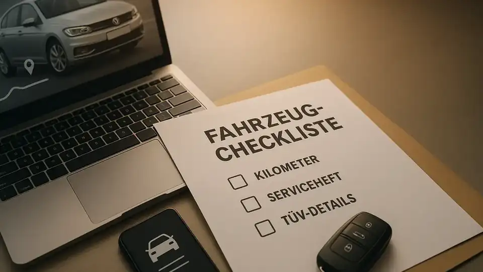 Illustration: Gebrauchtwagen-Checkliste: Kilometer, Serviceheft, TÜV & Red Flags – Fahrzeug-Checkliste, Serviceheft, TÜV-Details
